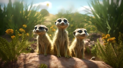 Three meerkats sitting on a rock in a meadow.