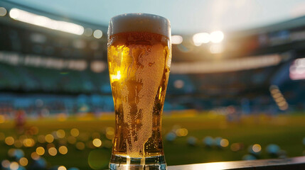 glass of beer with foam in football stadium