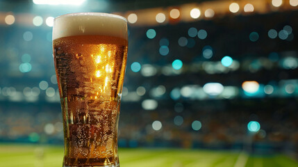 Refreshing beer glass set against a stadium, capturing the sports fan experience