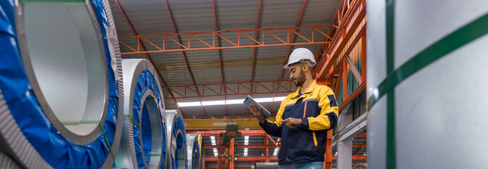 A worker with work uniform and hardhat holding tablet computer in a warehouse with large steel coils. Atmosphere in an industrial warehouse or manufacturing facility.