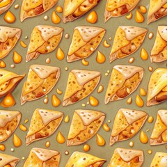 Seamless pattern of cheesy quesadillas oozing with melted cheese and filling, Generative AI