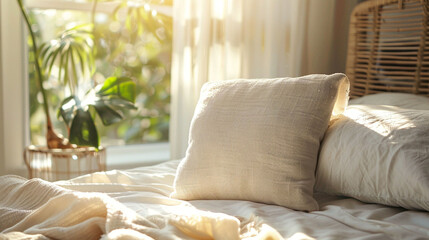 Soft pillow on a sunlit bed in a cozy bedroom setting, home comfort concept