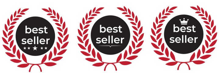 Set of badge best seller, best choice, best price, best quality. Gold logo design with wreath laurel. Vector illustration eps 10