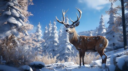 White-tailed deer with antlers in the winter forest. 3d render
