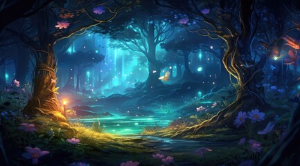 Glowing Firefly Glade. Enchanted Forest Clearing at Twilight