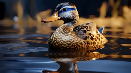 Close up of a mallard duck swimming in the water at night - obrazy, fototapety, plakaty