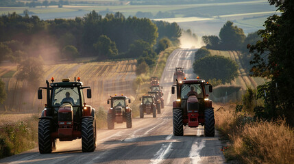 farmers driving with tractors during a protest