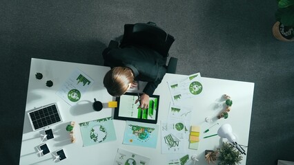 Top view of smart manager making decision about green business investment. Aerial view of skilled...