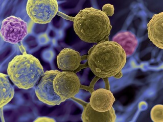 A detailed close-up image of various bacteria viewed under a microscope, showcasing the intricate structures and patterns of these microscopic organisms. Medical healthcare, microbiology. AI