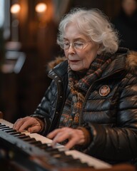 old women play piano . hobby, enjoying in retirement. relax, find inner balance concept. physical health, take care, enjoying the moment