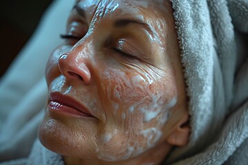 middle-aged women in spa salon with cosmetic mask on blurred background . Health care, relax, spa concept. find inner balance.
