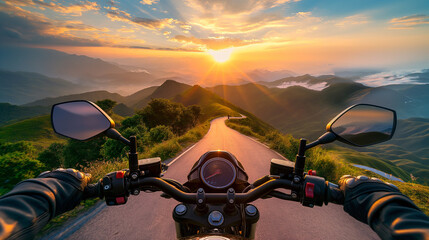 rider view from motorcycle ride and travel along nature with beautiful mountain road on high hill at sunset time, journey extreme motorbike road trip transportation on road