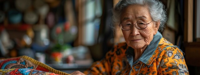 portrait of old asian woman with grey hair on blurred background. banner