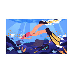 Swimmers diving to watching ocean wildlife, tropical fishes, observe stingrays. Scuba divers swimming underwater with fins, mask, snorkel. Extreme freediving to sea floor. Flat vector illustration