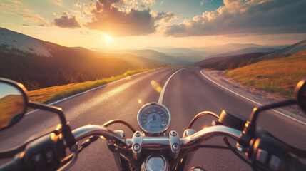 rider view from motorcycle ride and travel along nature with beautiful mountain road on high hill at sunset time, journey extreme motorbike road trip transportation on road