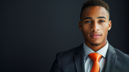 A man in a suit and tie with a tie, looking at the camera. Concept of professionalism. A charismatic young man in a suit with an orange tie exudes ambition. ideal for business and marketing purposes