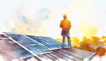 Watercolor illustration. Supervisor is checking on solar panels on rooftop on white background. Man in helmet and uniform. 
