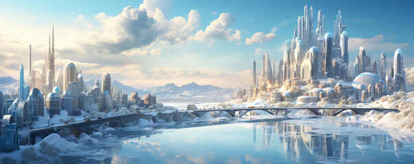 Naklejka premium Construct a digital representation of a technologically advanced city with radiant buildings, prioritizing a spotless and sharp image to achieve a high quality, modern background.