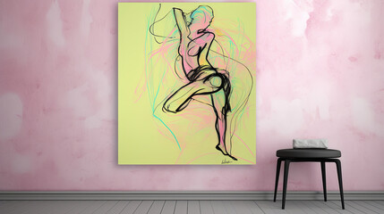 An enigmatic dancer portrait, gracefully posed with pastel pink and green line art enhancing their fluid movements, set against a neon yellow wall that pulsates with vibrancy, the scene captures the e