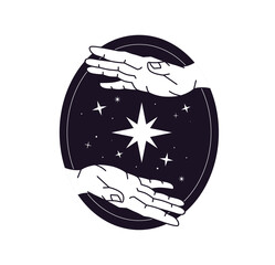 Palms and star on icon with rounded shape. Oval emblem of spiritual, esoteric, occult symbols. Hands gesture in magic space. Astrology, meditation monochrome decor. Flat isolated vector illustration
