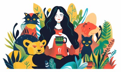 Cute girl with coffee, surrounded by animals in the style of Matisse's colors and shapes