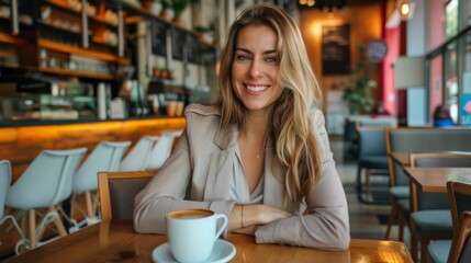 Smiling businesswoman with coffee cup sitting at table in wide angle lens of coffee shop