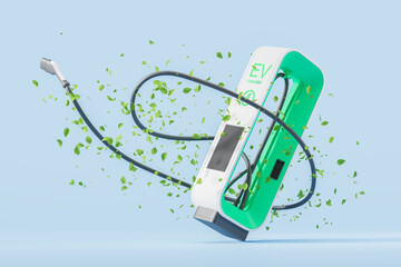 Futuristic EV charging station with flying cable and leaves, blue background