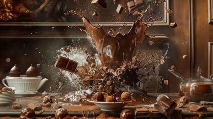 Inspired by the work of food photographer Donna Crous, capture the dynamic moment when liquid chocolate and bonbons collide, creating a captivating splash. Ai generated