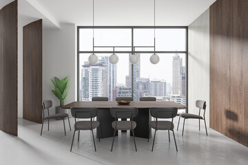 Modern home living room interior with eating table and chairs, panoramic window