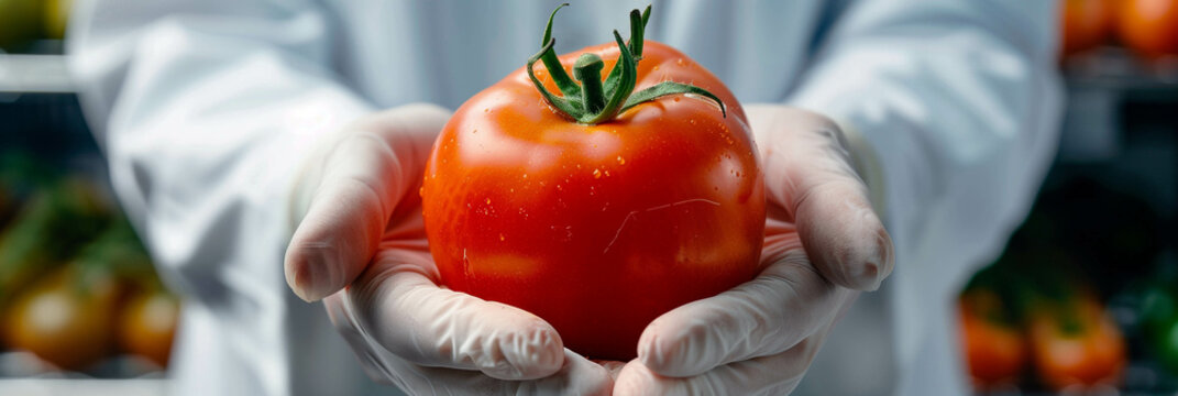 lose-up of a scientist's hands holding a genetically modified tomato, showcasing its vibrant colors and perfect symmetry. Ai generated