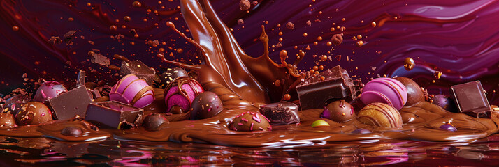 With a vintage touch reminiscent of old chocolate advertisements, depict the joyous eruption of liquid chocolate and bonbons in a whimsical setting. Ai generated