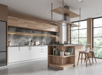 Modern home kitchen interior with bar island and cooking cabinet, window