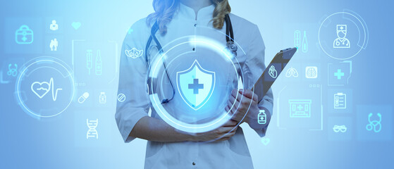 Woman doctor with medical record, glowing health care icons