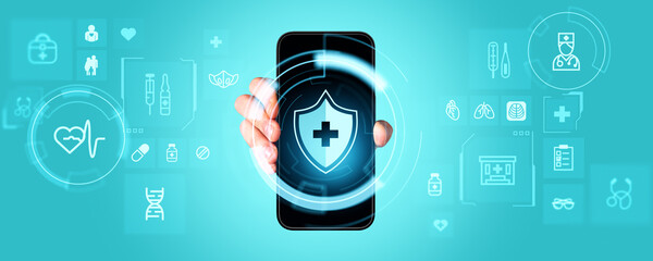 Woman hand showing smartphone with medical icons and health care