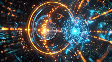 Obraz premium High tech server visualization, displaying particle data streams, circular computing interfaces, and virtual reality environments