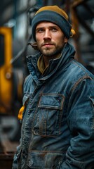 Obraz premium male worker stands in a workshop against an industrial background.