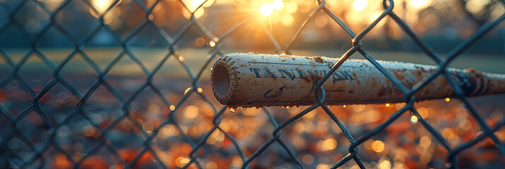 An artistic UHD image of a baseball bat leaning,
Photograph of Iron wire mesh fence with posts Installing ultrawide angle lens Realism daylight
