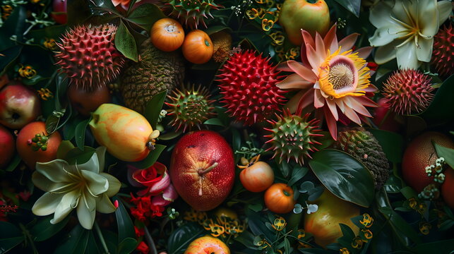 Background from tropical fruits. Summer flora and fruits, tropical jungle flowers, soursop, Venus flytrap, atik. close-up

Язык ключевых слов: