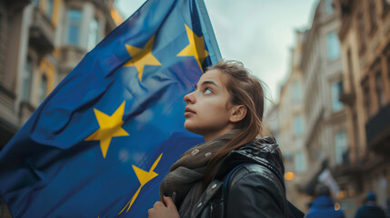 Woman holds the European Union flag in her hand. EU flag at a demonstration for EU accession