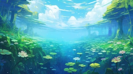 Fototapeta na wymiar Serene Underwater Dreamscape with Lily Pads