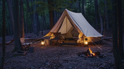 Big white tent in the forest with camping equipment and lanterns. Taken in the evening with an overcast sky.