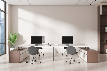 A modern office interior with two computer workstations, chairs, and a shelving unit on a bright background, concept of a professional workspace. 3D Rendering