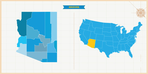 A Map highlighting Arizona in the USA Map, Arizona and USA modern map with Colorful Hi detailed Vector, geographical borders