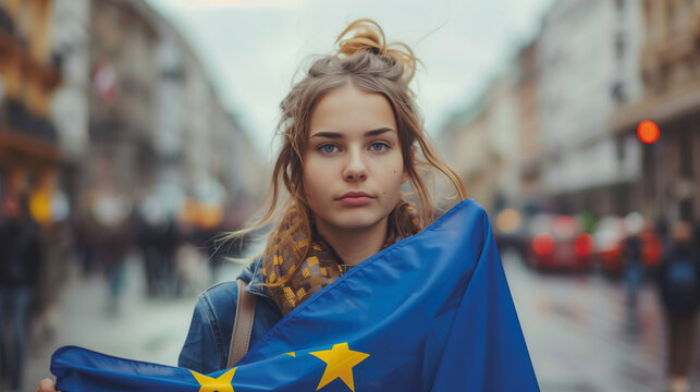Woman holds the European Union flag in her hand. EU flag at a demonstration for EU accession