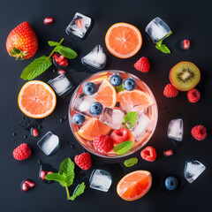 Summer Drinks: top down aerial view of cold drinks and smoothies with fruits, berries, mint leaves, and ice cubes. Beautiful, bright, colourful, cool style for summer drinks menu, banner, poster, etc.