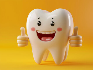 3d realistic happy white tooth. tooth cartoon characters whith thumbs up on bright background. cleaning and whitening teeth concept -ai