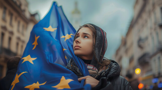 Woman holds the European Union flag in her hand. EU flag at a demonstration for EU accession