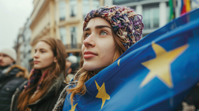 Woman holds the European Union flag in her hand. EU flag at a demonstration for EU accession