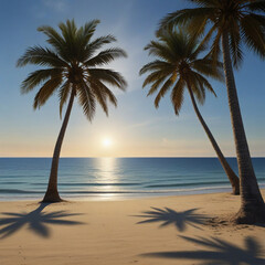 Fototapeta na wymiar Deserted beach with palm trees and sea in the morning.