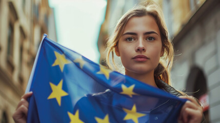 Woman holds the European Union flag in her hand. EU flag at a demonstration for EU accession